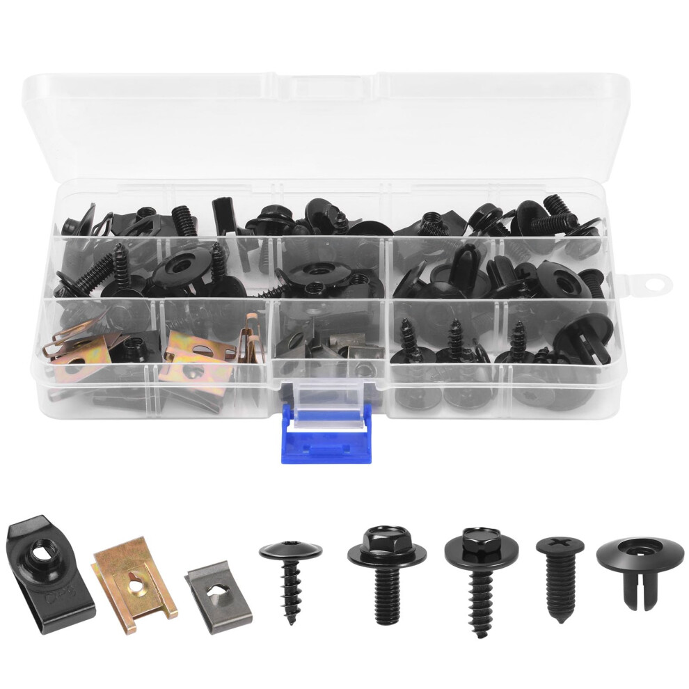 Adiwo 64 Pcs Screws And Nut Clip Kit, Car Body Fender Screws And Bumper Guard Plate Fixing Bolts, Metal U-Type Fastener Clip With Hex Head Self Tappi 87915969