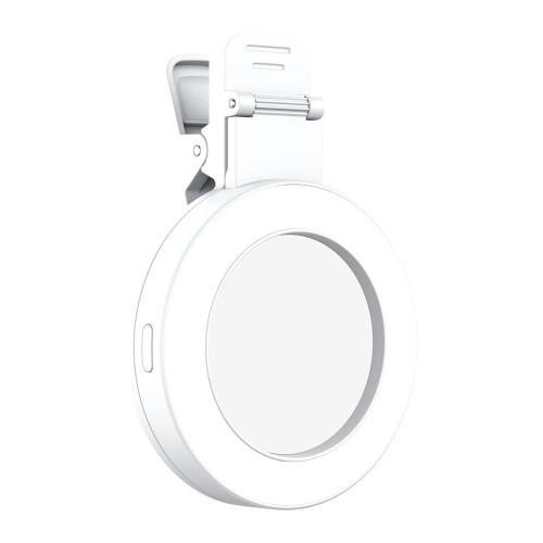 Ring Light com clipe, espelho e bateria integrada.
