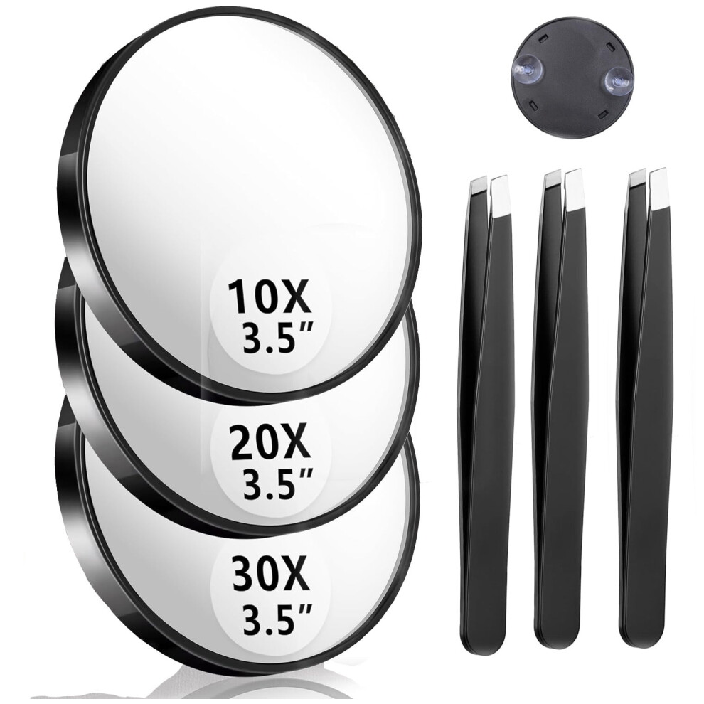Black Magnifying Mirror with Tweezers 3.5 Inch 30X/20X/10X