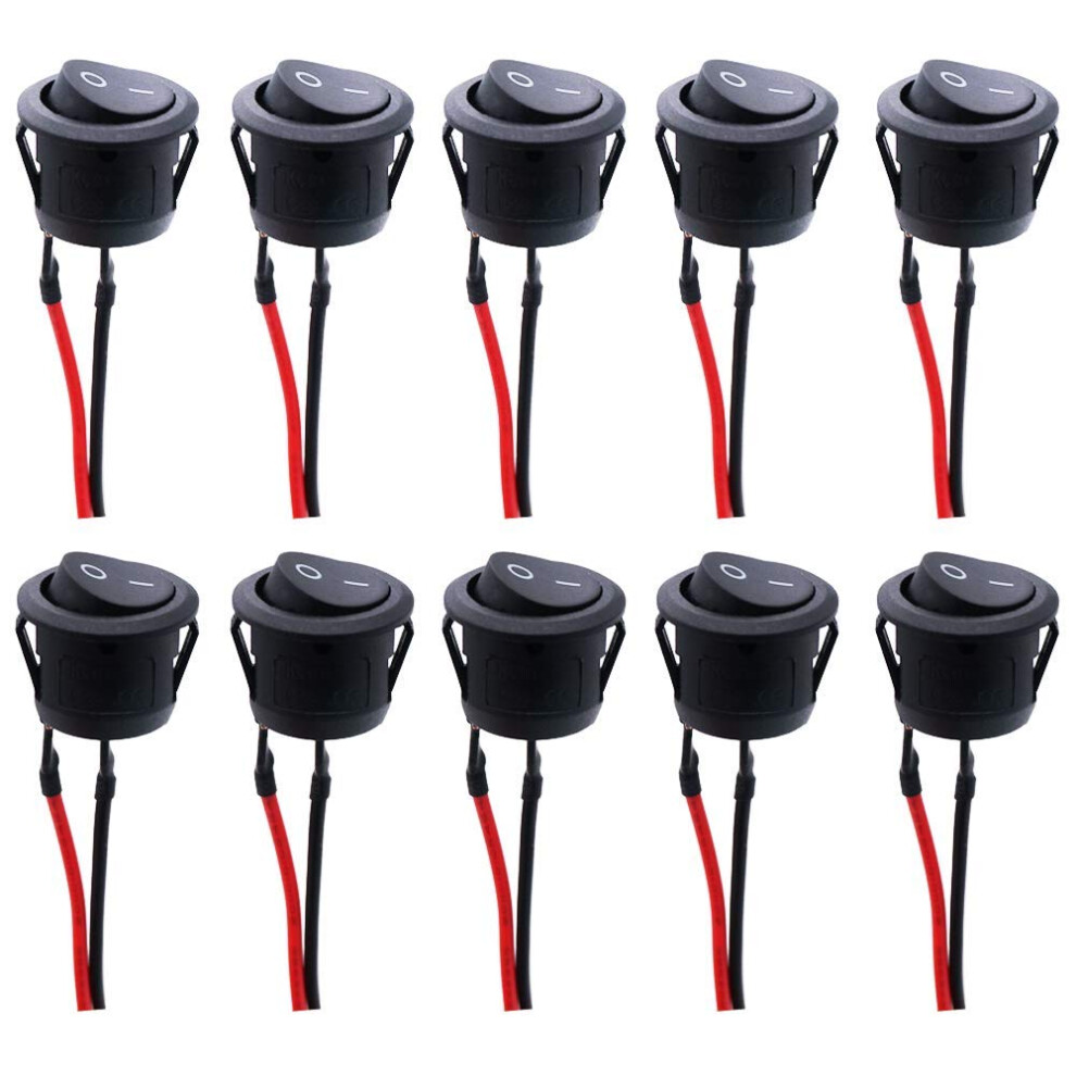 Runcci-Yun /10Pcs Ac 6A/250V 10A/125V Spst 2 Pins 2 Position On/Off Car Boat Round Rocker Switch Toggle With Pre-Soldered Wires For Car Truck M Black 32124590