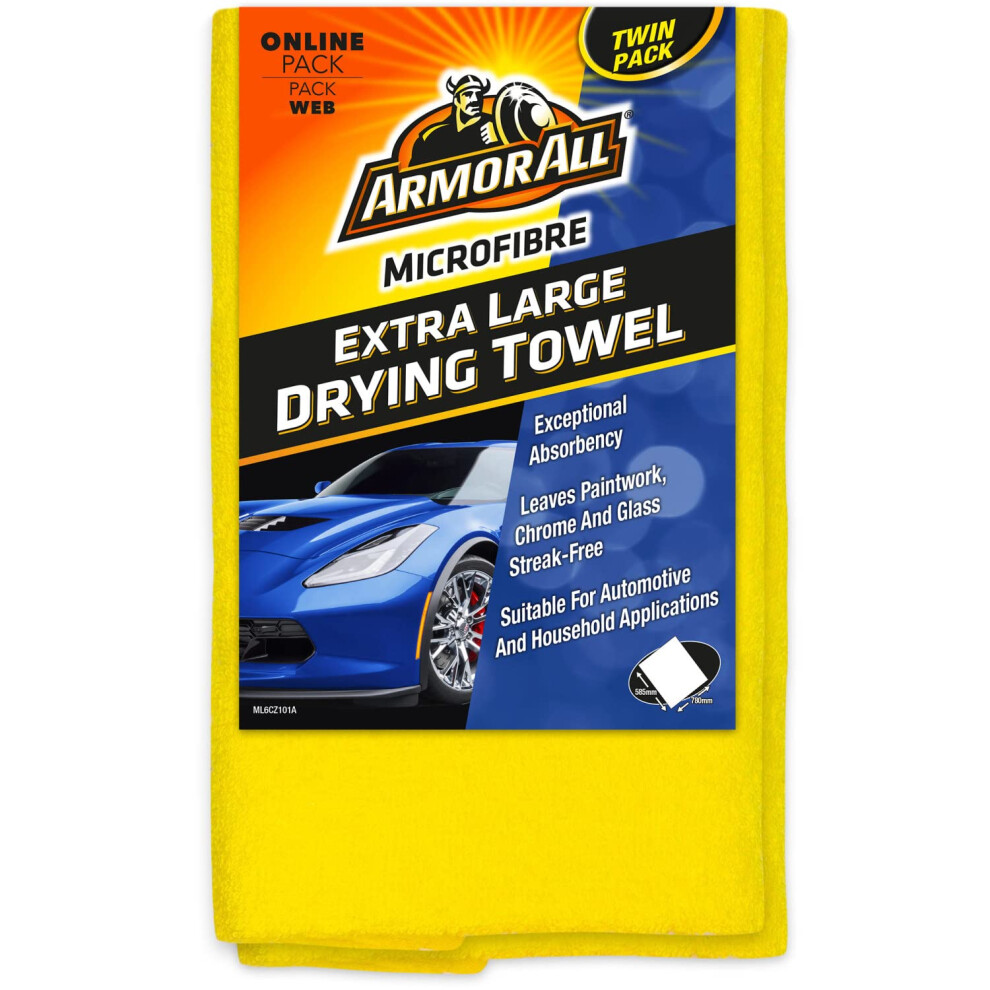 Armor All, Large Car Microfibre Cloths, Set Of 2 Cloths, For Interior And Exterior Cleaning, High Absorbency, Soft And Streak Free Drying For Paintwo 93202558
