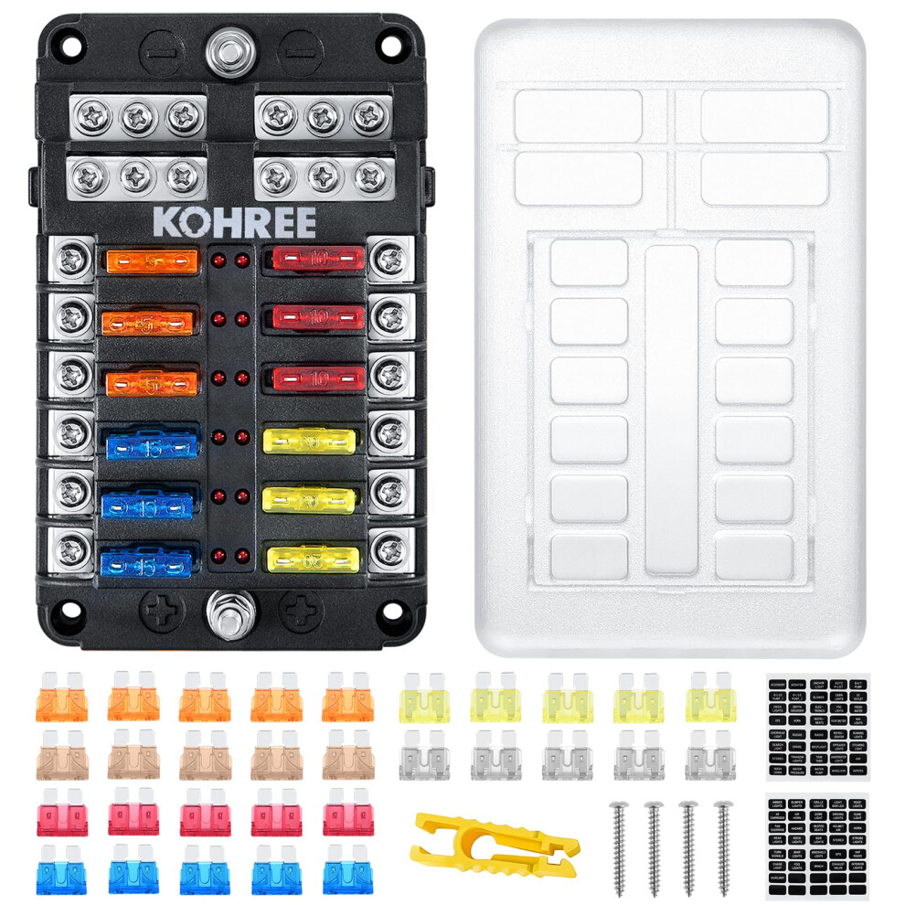 Kohree 12 Way 12V Fuse Box, 12 Volt Blade Fuse Block Waterproof With Led Indicator, Automotive Box Holder 12V/24V With 30 Pcs Fuses For Rv, Car, Boat 11782506