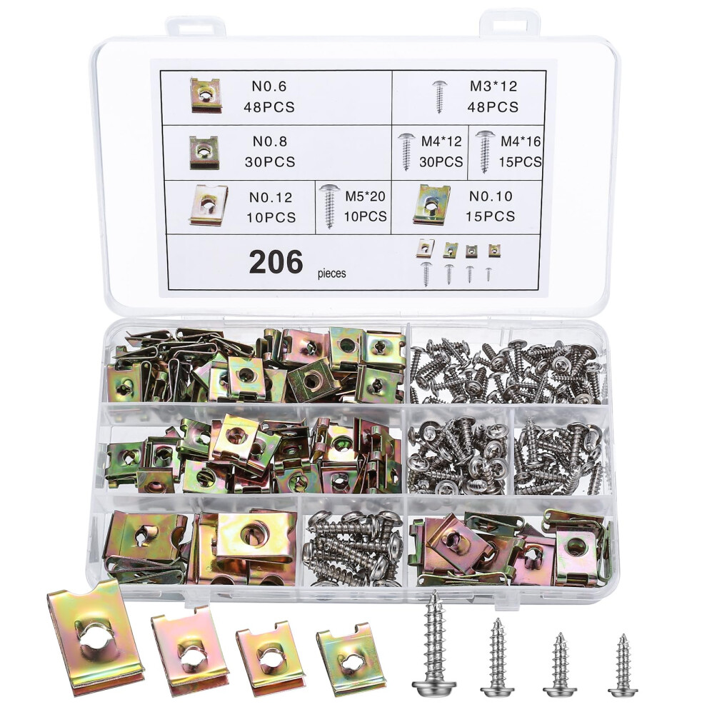 206 Pcs Auto Screw And Nut Clip Kit, Metal U Clips And Car Body Undertray Fender Screws, Metal Retainer Clips And Self Tapping Screws And U-Type Fast 33723365