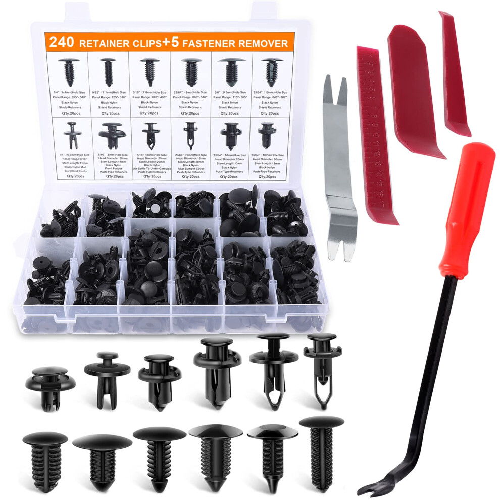 240Pcs Bumper Retainer Clips Car Plastic Rivets Fasteners Push Retainer Kit Most Popular Sizes Auto Push Pin Rivets Set -Door Trim Panel Fender Clips 16950337