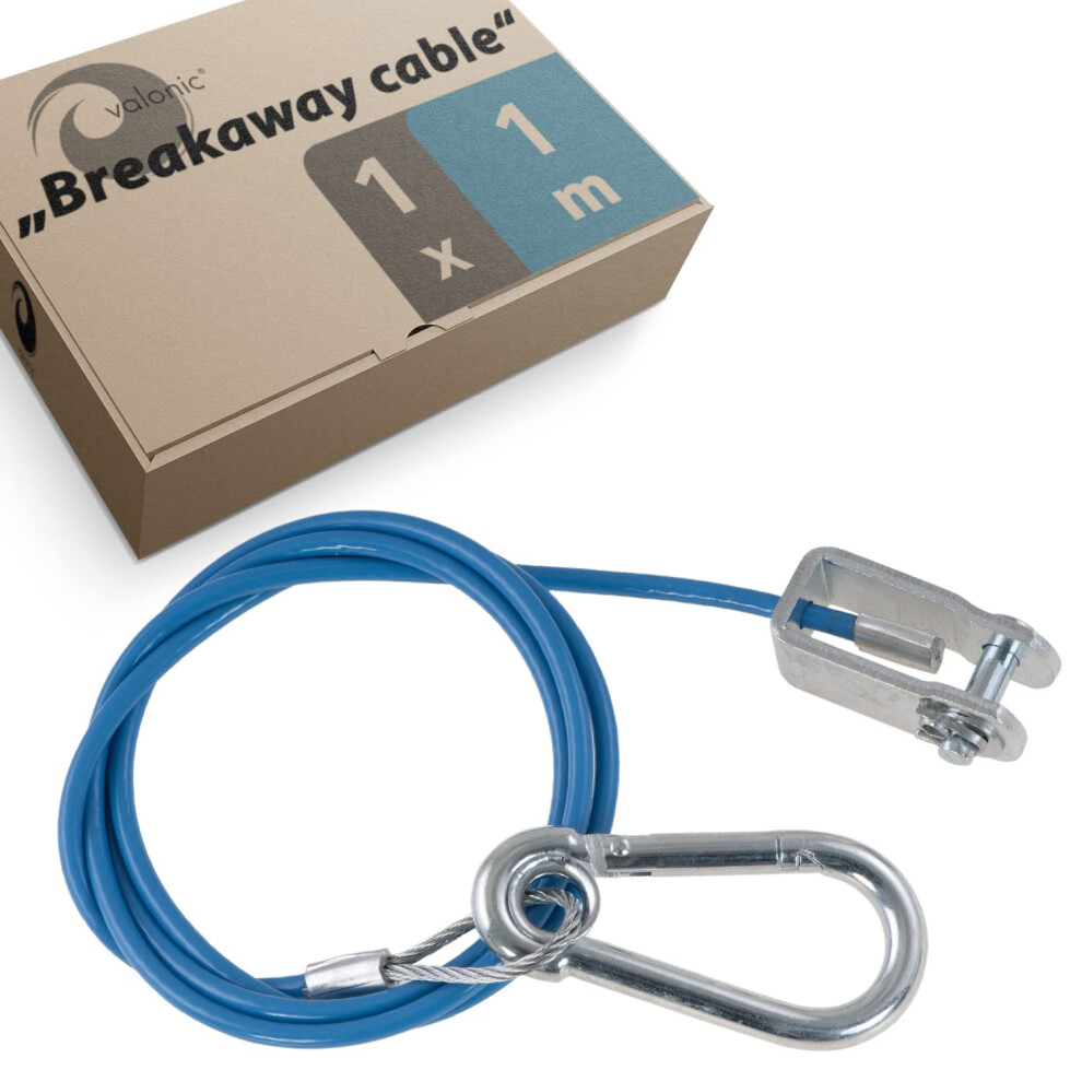 Valonic Breakaway Cable For Trailers And Caravans, 1M, With Carabiner, 250Kg Breaking Load, Breakaway Cable With Fork Head (Shackle), Ripcord Blue 71880518