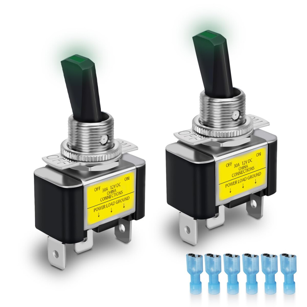 Innfeeltech 2 Pcs Rocker Lighted Toggle Switch, 12V 30A Spst 3 Terminals 2 Position On/Off Toggle Switch Green/Light 76245640