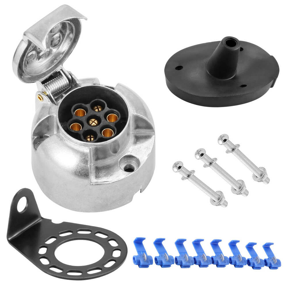 Sparkmoto 7 Pin Trailer Socket Metal,12V 7Pole Metal Trailer Socket With Bracket Rubber Gasket Kit, Aluminium Trailer Female Socket 12V Waterproof Tr 50914005