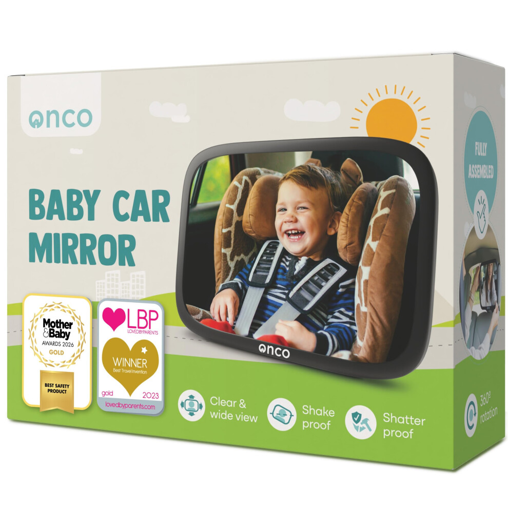 Baby Car Mirror - 100% Shatterproof & Shakeproof, Award-Winning Car Mirror Baby Rear View, Non-Slip With 360 Rotation, Newborn Essentials Onco