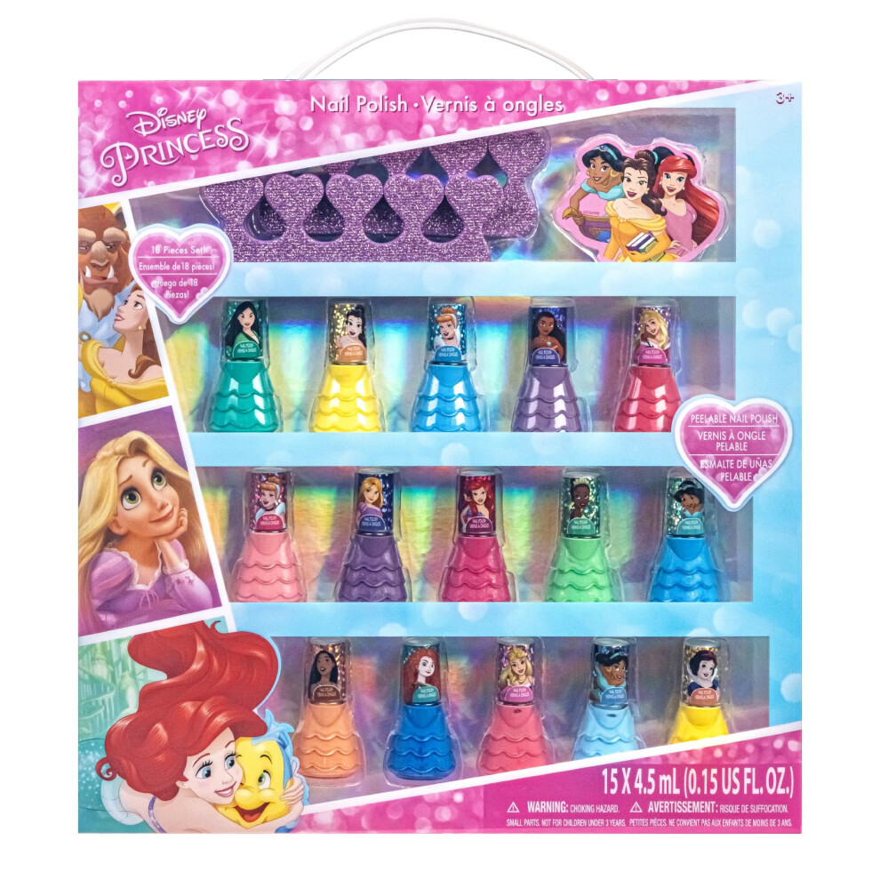 Townley Girl Disney Princess 15 Piece Water Based Nail Polish With 3 Toe Spacers| Quick Dry Peel Off Gift Kit Set For Kids Girls By