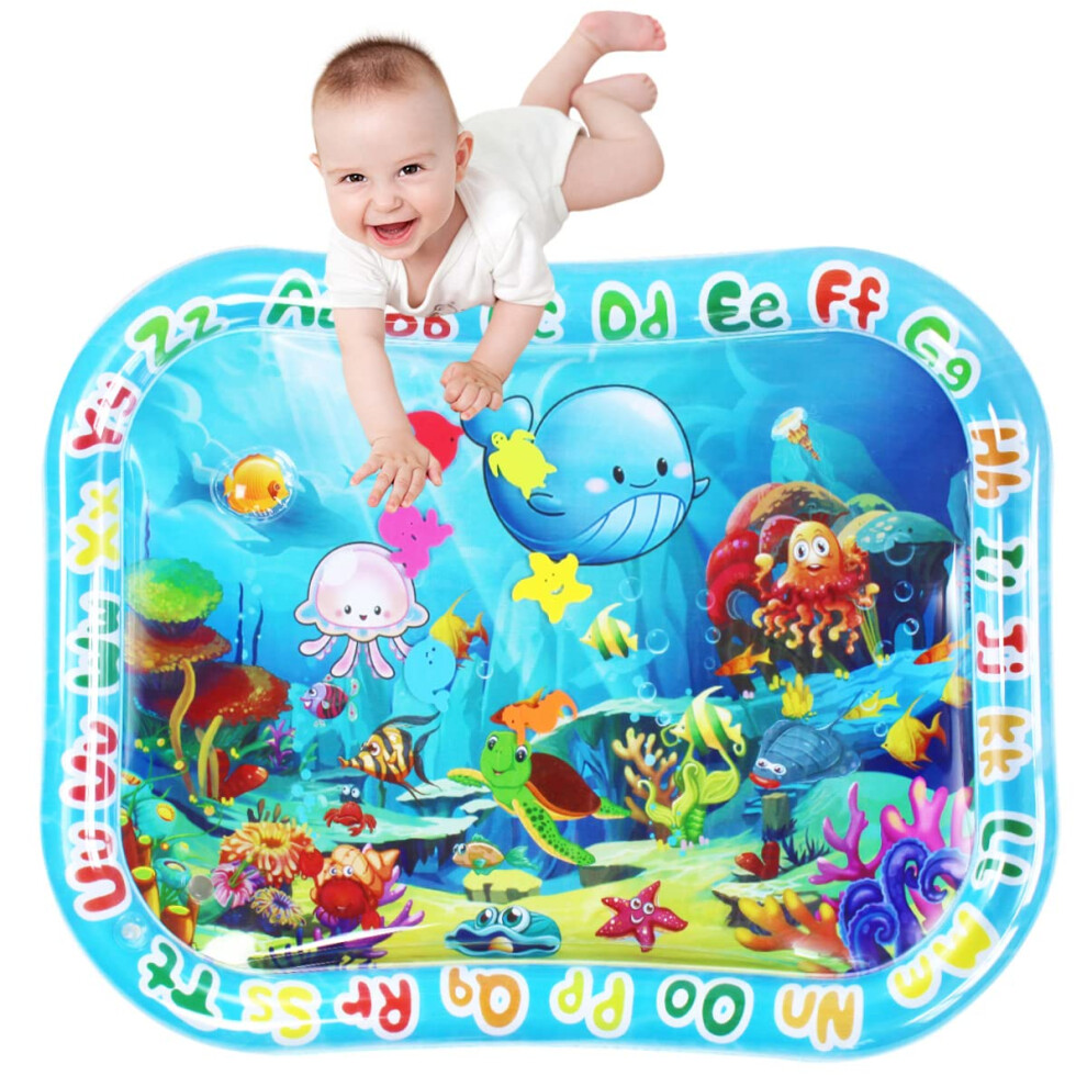 Zhuynxir Blue Baby Tummy Time Mat,Tummy Time Water Mat, Baby Toys 3-36 Months, Fun Early Development Activity Play Center For Newborn, Big Sea Word-,100X80cm.