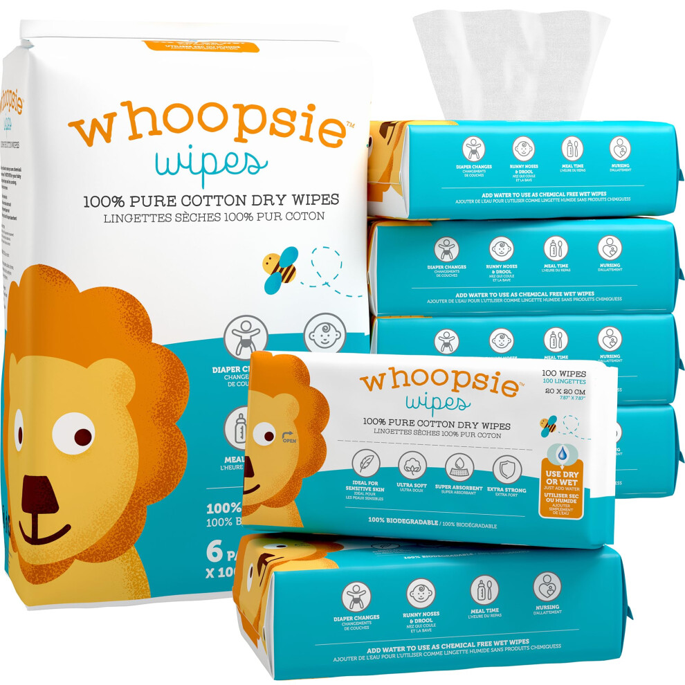 Whoopsie Wipes 100% Pure Cotton Dry Wipes | 600 Count | Use Wet Or Dry | Soft & Sensitive | Hypoallergenic | Extra Strong & Absorbent | Perfect For Diaper Changes,