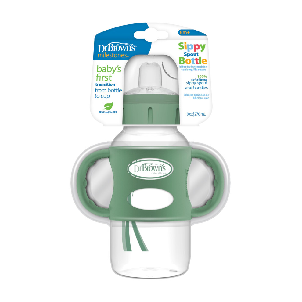Dr Brown's Natural Flow Dr. Brown's Milestones Wide-Neck Sippy Bottle With 100% Silicone Handles, Easy-Grip Bottle With Soft Sippy Spout, 9Oz/270Ml, 6M+, Khaki Green, 1-Pack