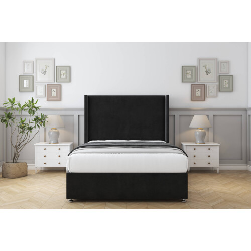 (4' Small Double, Black) Sloomy Devonshire Plush Divan Bed Base 2 Drawers Foot-End With 54" Wingback Headboard 1