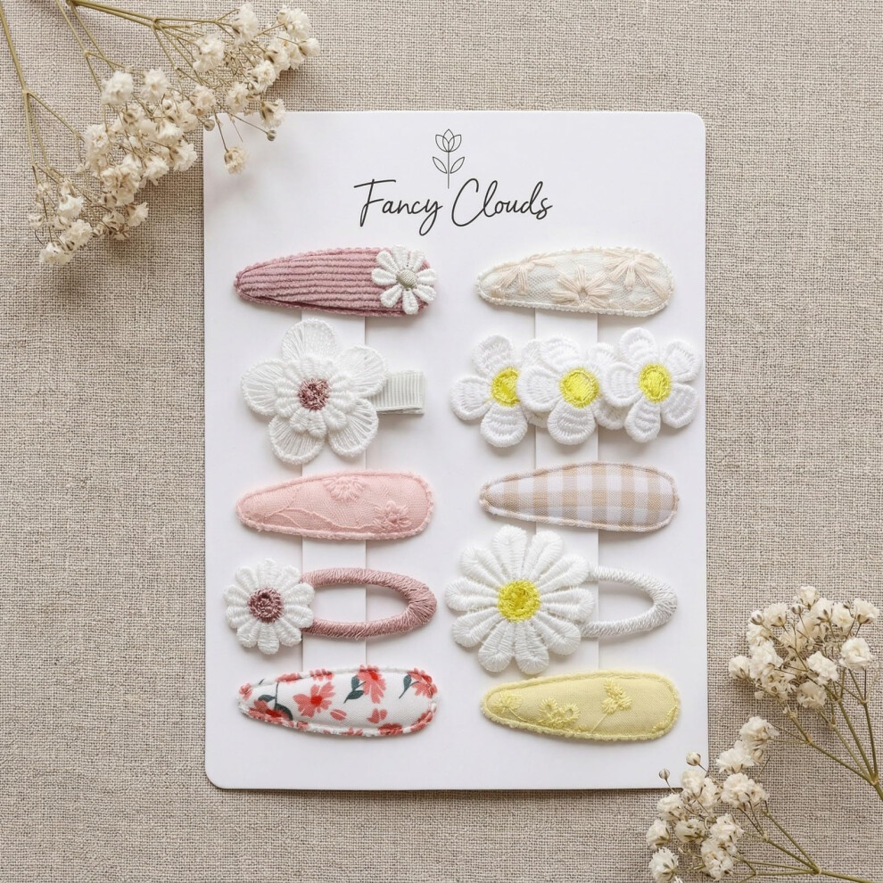 10 Pack Baby Hair Clips for Girls Toddler - Neutral Snap Hair Clips with Embroidery Daisy Flower, Handmade Kids Hair Accessories Barrettes for Baby G