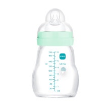 MAM Feel Good A159 Glass Bottle with Teat 1 Patented SkinSoftTM Ultra Soft Silicone for Babies 0 Months + 170 ml Blue
