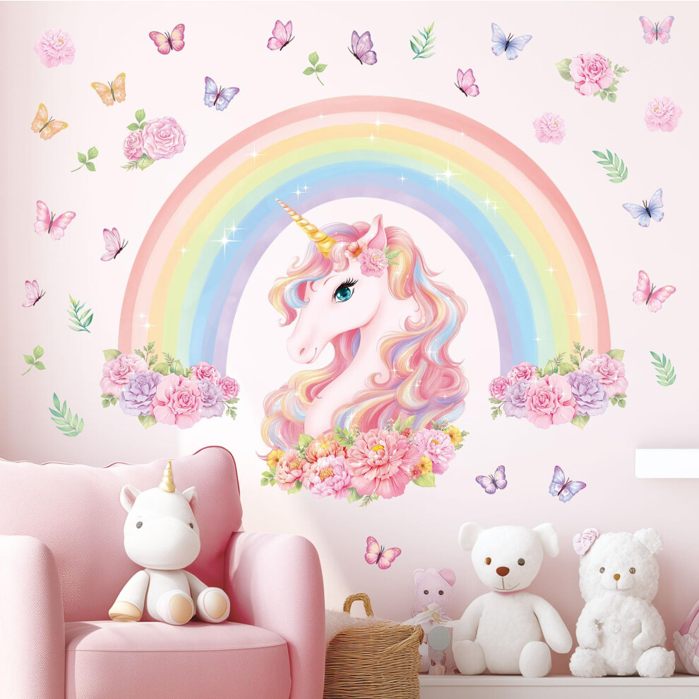 Sg2-2413 Large Rainbow Unicorn Wall Stickers Flower Peel And Stick Wall Art Decals For Girls Bedroom Kids Room Baby Nursery Decowall
