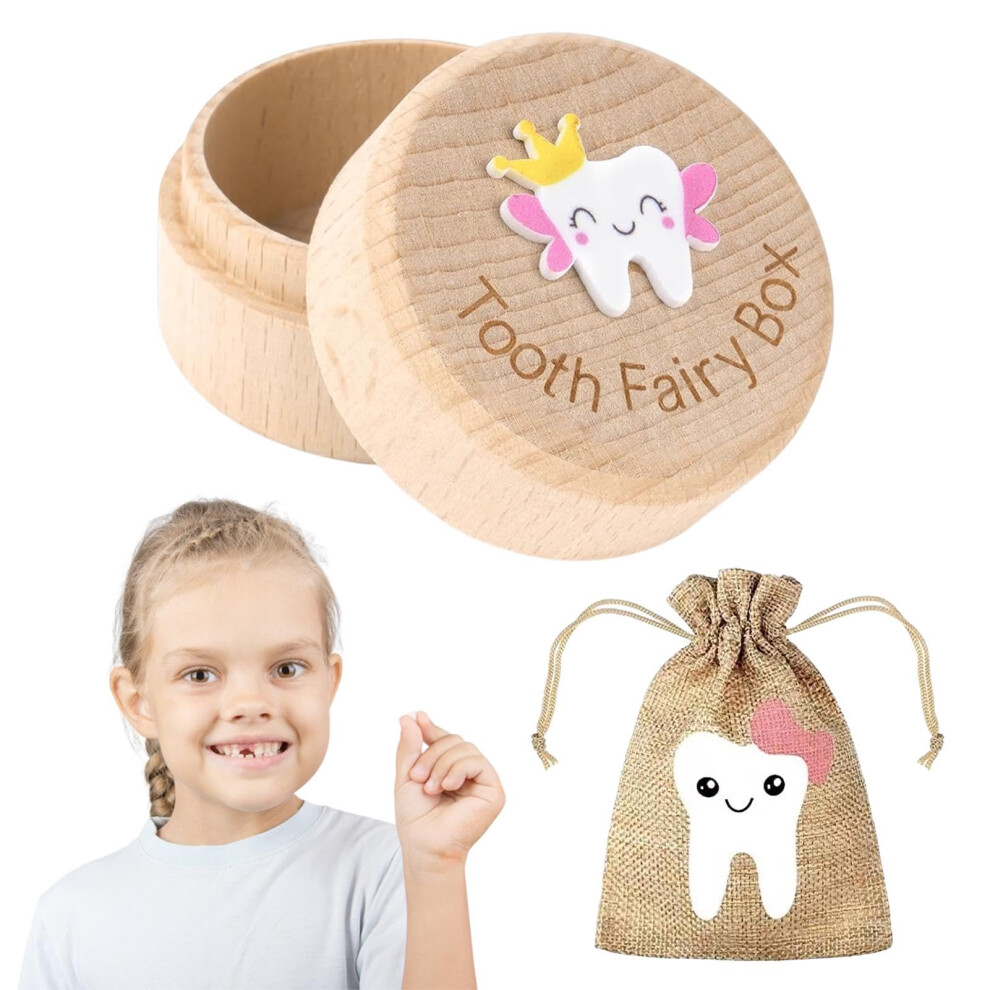 Tooth Fairy Box - Wooden Tooth Keepsake With Fairy Bag, 3D Carved Storage Holder For Kids' Lost Teeth Vexorlian