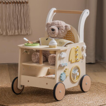 ROBOTIME Baby Walker, Wooden Pram Toy, Push Along Walker Pushchair, Educational Toy Gift for Boys Girls, Safe First Step Walker with Under-Seat Stora