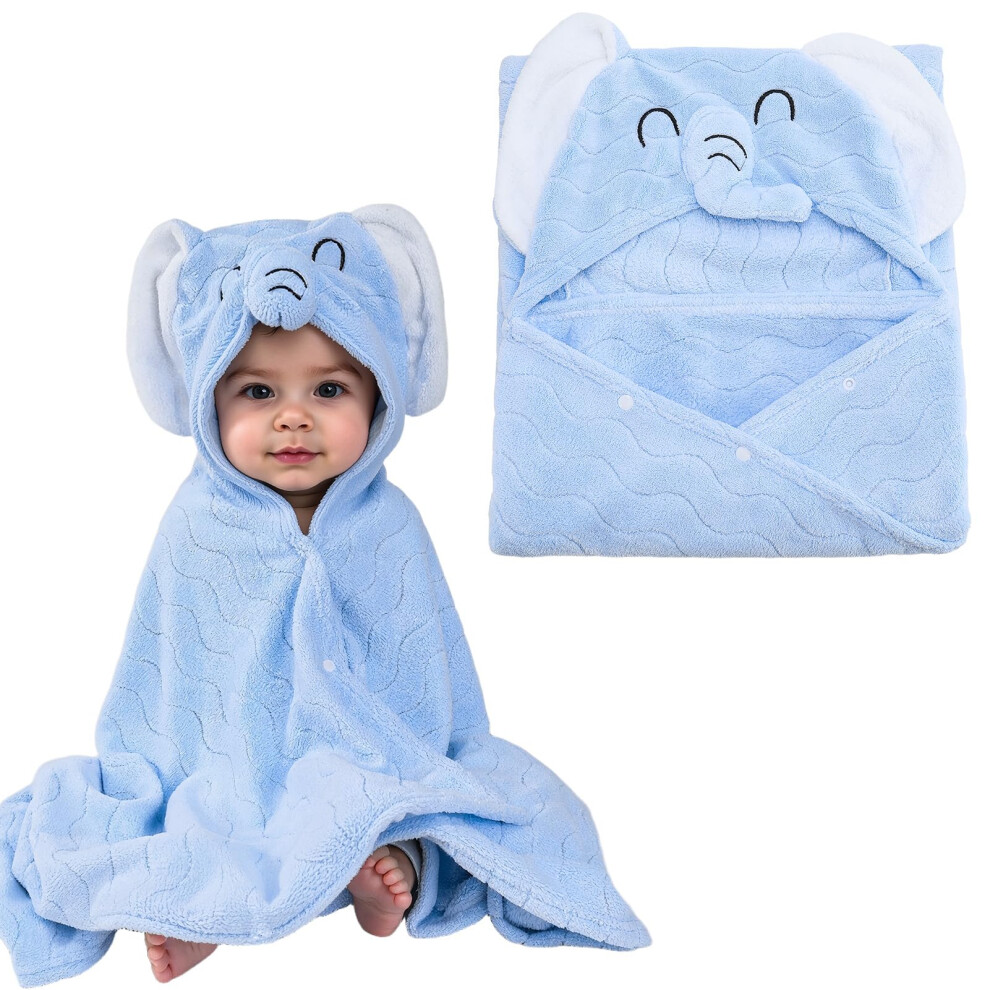 Baby Hooded Towel With Snap Button,Large Elephant Bathrobe Bath Poncho Towel Soft Absorbent For Swimming After Bath Blue Saerryor