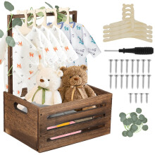 Wooden Baby Shower Wardrobe with 5Pcs Baby Hangers and Rattan, Baby Storage Crate with Handle Wood Baby Clothes Rack Baby Shower Hamper Storage Baske