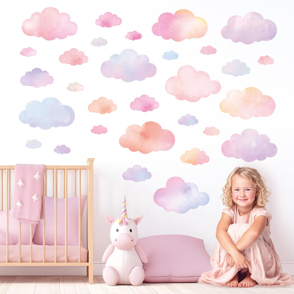 Pastel Cloud Wall Stickers - Watercolour Rainbow Cloud Decals For Kids Bedroom, Nursery & Playroom - Removable & Repositionable Boho Wall Ar Decowall