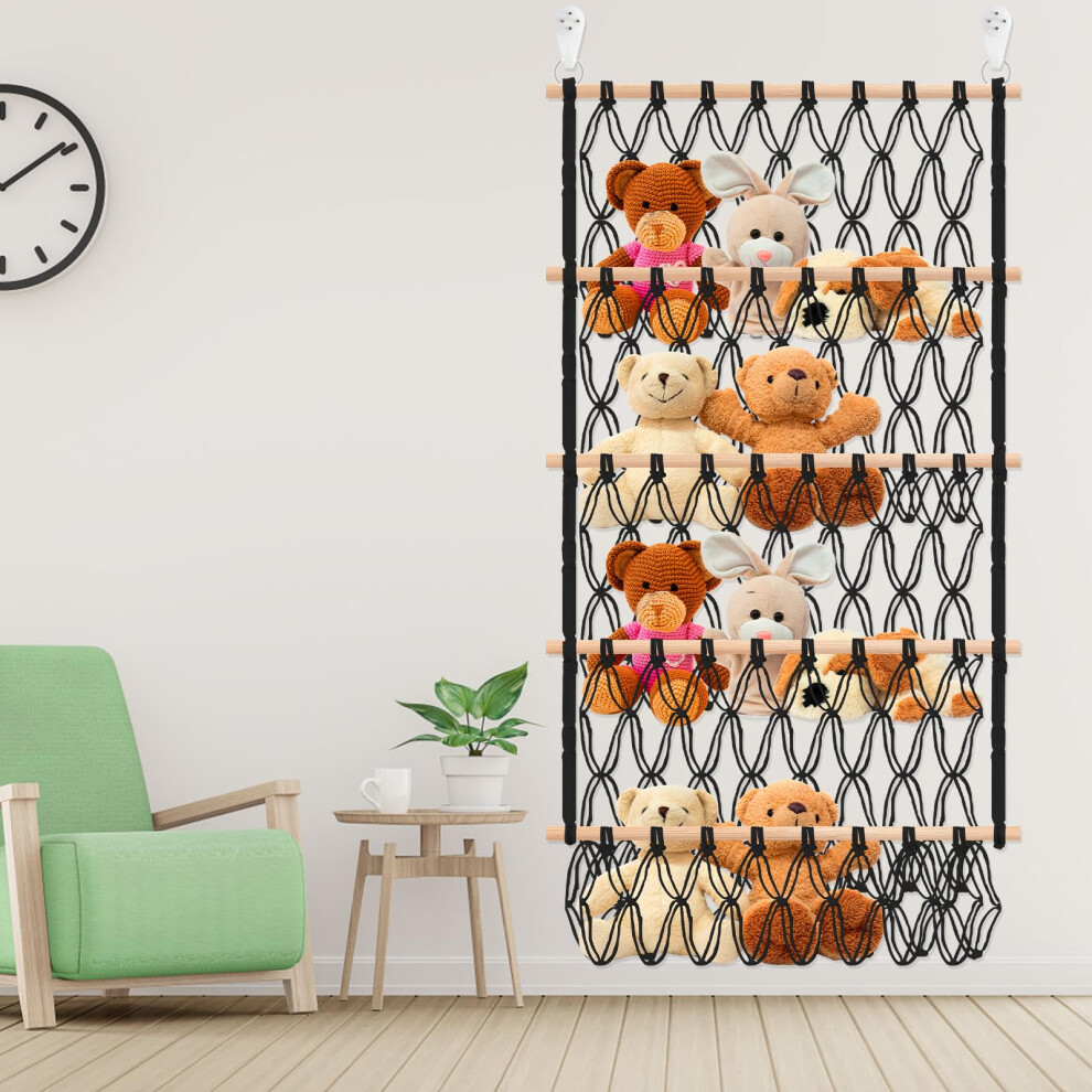 Pandahug Stuffed Toy Storage Hammock 4-Layer Large Capacity Toy Storage Net Bohemian Style Hanging Toy Organizer Washable Plush Doll Holder With 2 Hooks For K