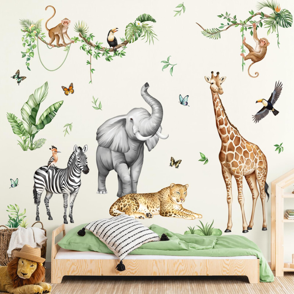Supzone Large Safari Animals Wall Stickers Jungle Elephant Giraffe Leopard Zebra Monkey Wall Decals Baby Nursery Kids Room Wall Decor(Xxl)