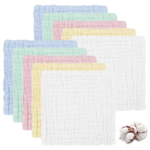 10 Pack Muslin Cloths for Baby, 5 Colors 25x25cm Muslin Face Cloths, 100% Cotton Baby Washcloths Soft Reusable Baby Wipes for Newborn Boys Girls Mult
