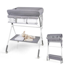 GYMAX Folding Baby Changing Table, Hight Adjustable Infant Diaper Changing Station with Wheels and Storage Basket, Portable Newborn Care Station (Gre