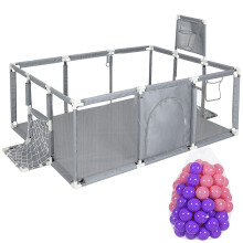 LIVHOME Baby Playpen 178x120cm Large Toddler Play Yard with 100 Balls, Basketball Hoop & Soccer Net, Breathable Mesh Safety Play Area with Zipper Doo