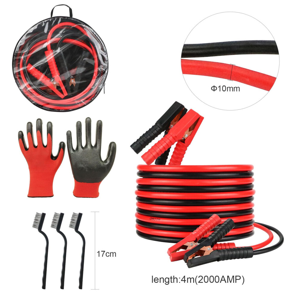 Jump Leads Car Van Battery Jumper Cables, Heavy Duty 2000Amp 4 Meters Long Booster Cables For Jump Starting Petrol Diesel Car Battery With Gloves, Br 5001230933095