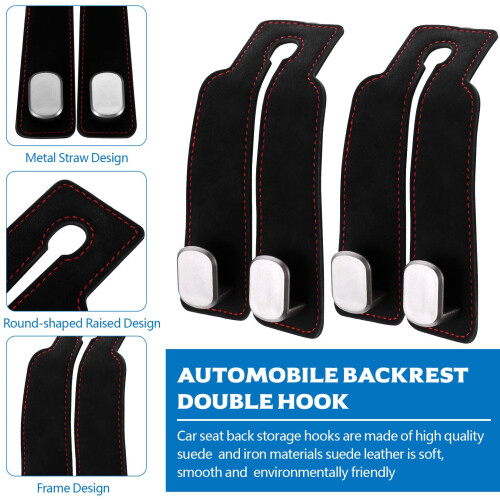 ANBEEISS 4 Pcs Leather Car Seat Back Double Hooks Organiser, Black 2