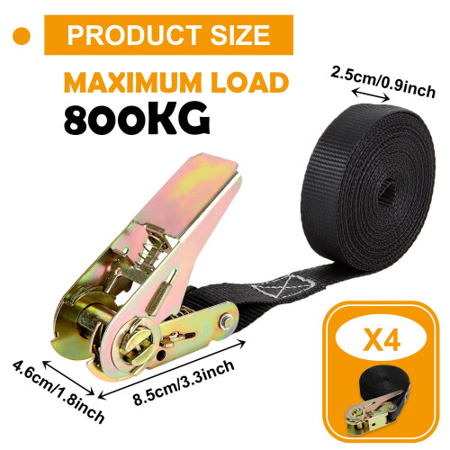 YAYODS Ratchet Tie Down Straps, Black, 4PCS, 2.5cm x 6m 1