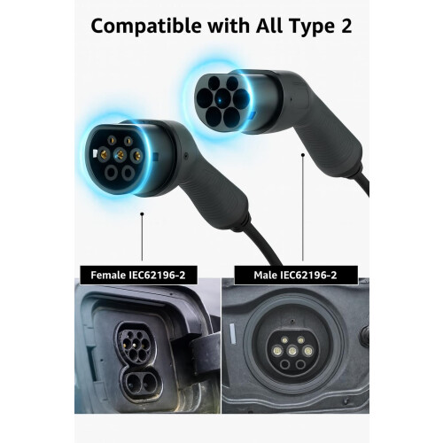 Type 2 to Type 2 EV Charging Cable, 32amp, 7.4kW, Single Phase, Black (30m) 1