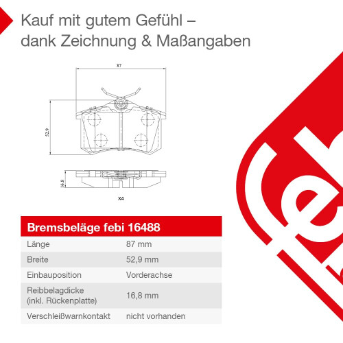 febi bilstein 16488 Brake Pad Set, 1 2