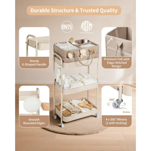 Fortella Nappy Caddy Organizer, 3-Tier Storage Trolley on Wheels, 2