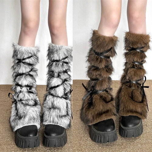 Plush Leg Warmers for Teens with Crossover Lace Design-White 1