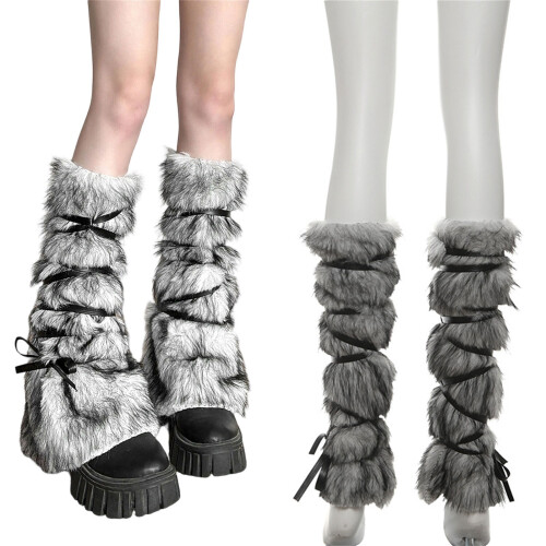 Plush Leg Warmers for Teens with Crossover Lace Design-White 2