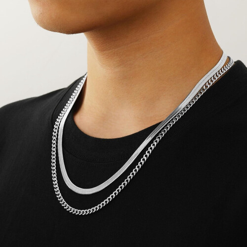 Layered Cuban Rope Herringbone Chain Necklace Set 2 pcs 1