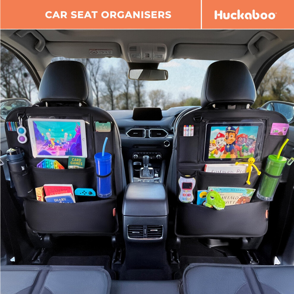 Car Seat Organiser - Kids Back Seat Organiser, Storage Pockets, Screen Holder, 2 Pack Black Huckaboo