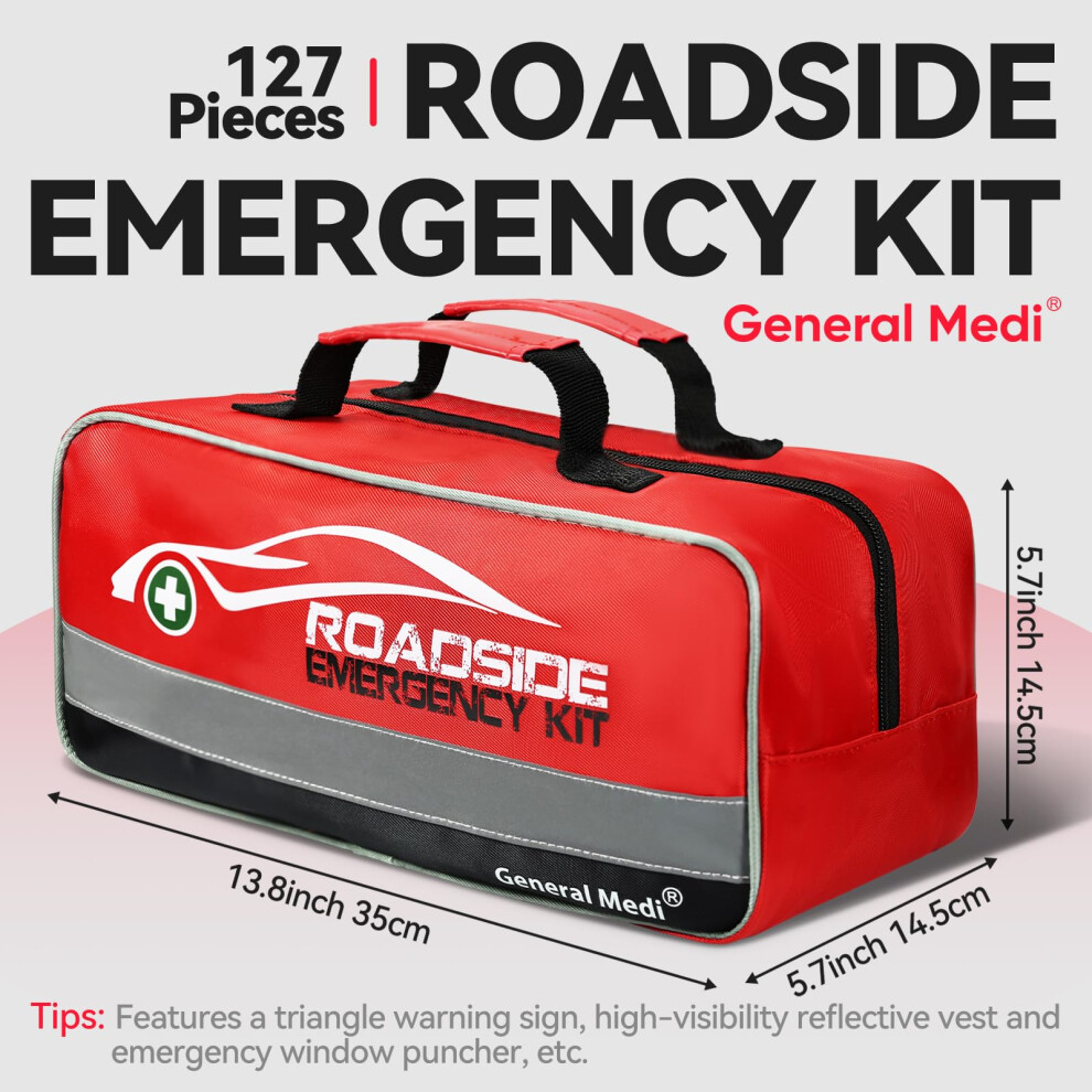 General Medi 127-Pieces Roadside Car Emergency Kit Include Mini First Aid Kit, Jumper Cables,Tow Rope, Bandage, Safety Vest, Emergency Triangle, All
