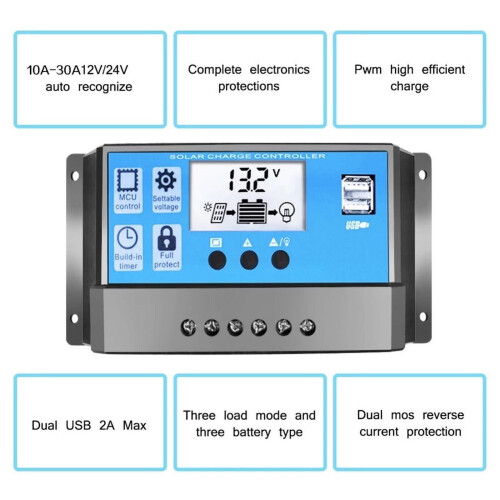 Solcelleladerkontroller 12V/24V 30A eller 60A med LCD 2