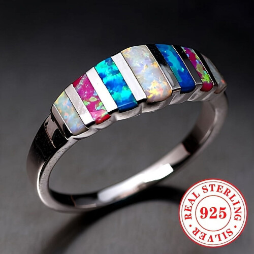 Women's S925 Silver Ring with Colorful Synthetic Opal