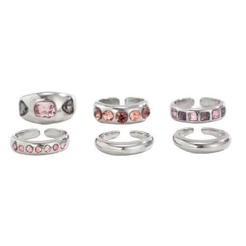 Lot de 6 bagues empilables réglables avec pierres-Argent