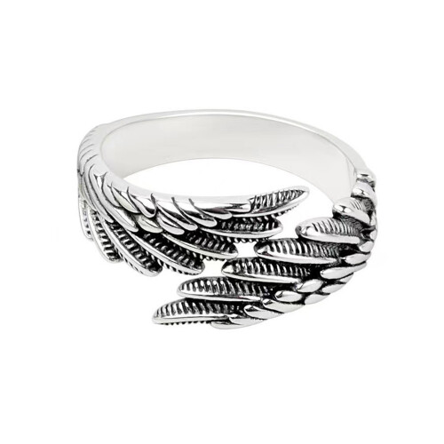 Minimalist Feather Pattern Rings Silver Tone Adjustable-A