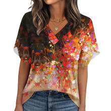Women's Summer Non-Position Printed Petal Sleeve V-Neck-Black M