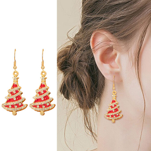 Christmas Tree Earrings with Diamonds Holiday Ear-Red 2