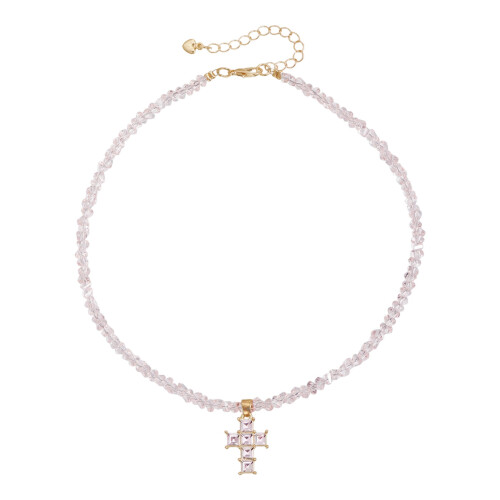 Triangular Crystal Beads Crucifix Pendant Neckchain-Pink