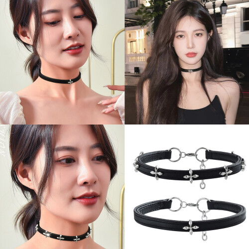 Gothic Inspired Leather Neck Collar Alloy-single cross. 2