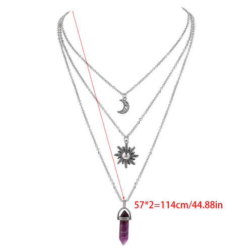 Hexagonal Agate Necklace Sun Moon Pendant-Amethyst White K Mul 1